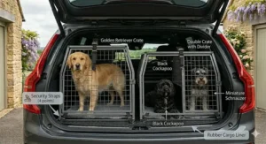 Comparison showing how a plastic flight crate takes up more external volume in a boot compared to a thin-profile metal wire crate.