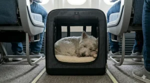 A pet owner carrying an airline approved small dog travel crate using a padded shoulder strap at a busy UK transport hub.
