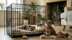 A lightweight fabric travel crate for a Yorkshire Terrier puppy, ideal for car journeys and UK staycations.