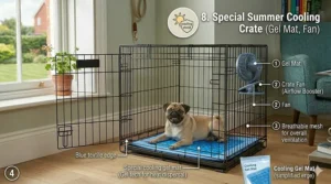 A summer safety illustration showing a Pug on a gel cooling mat inside a crate with an attached fan to prevent overheating.