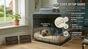 An illustration of a secure dog crate fitted into the boot of a British hatchback car, showing safe travel arrangements.