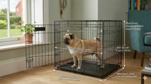 An illustrative guide showing the correct dimensions and standing room for a standard Pug dog crate in centimetres.