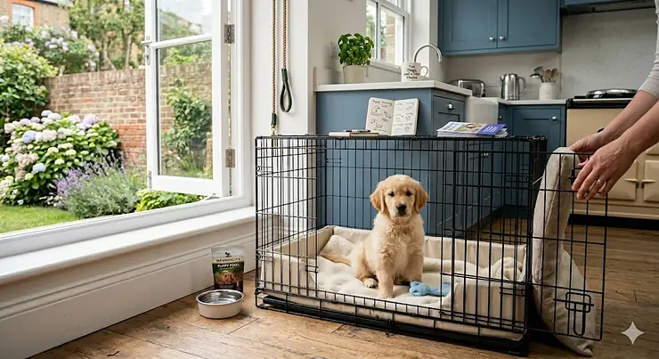 A young Golden Retriever puppy sitting calmly inside a wire puppy crate for toilet training in a modern British kitchen with garden access. puppy crate for toilet training