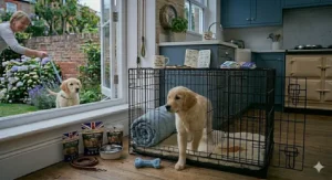 A puppy standing at the door of its crate and looking towards the garden, showing common signs that it is time for a toilet break outside.
