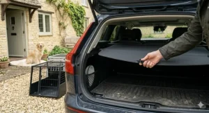 A person removing the retractable parcel shelf from a car boot to make room for a tall dog crate.