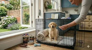 A close-up of a puppy being rewarded with a treat while sitting in its crate, demonstrating positive reinforcement during the toilet training process.