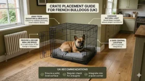 A French Bulldog resting inside a metal crate covered with a thick grey tweed fabric to create a quiet, draught-free safe den.