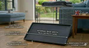 Close-up of the secure double-latch locking mechanism on a 30-inch dachshund crate.