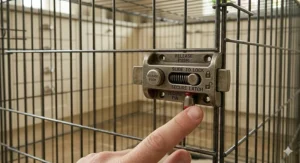 A high-detail close-up of a heavy-duty sliding bolt latch on a dog crate featuring slide to lock and secure latch engravings.