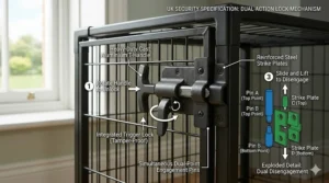 A technical close-up illustration of a crate's secure double-lock mechanism with spring-loaded latches and reinforced strike plates.