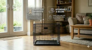 Close-up of a heavy-duty sliding bolt latch on a budget puppy crate to ensure the safety of a small breed dog.