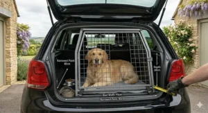 Close-up of heavy-duty straps securing a dog crate to the ISOFIX or luggage points in a car boot for transit safety.