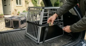 Close-up of a person using a heavy-duty tension strap and buckle to secure a dog crate to the car's internal lashing points.