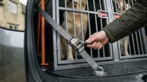 Close-up of heavy-duty ratchet tie-down straps securing a double dog crate to the car's internal luggage lashing points.