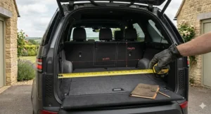 A car-specific dog crate with a slanted front designed to fit the slope of a standard UK hatchback door.