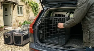 A person carefully sliding a large black metal dog crate into the boot of a hatchback car.
