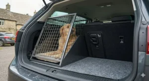 A close-up side view of a sloping dog crate in a car boot showing the angled frame fitting perfectly against the back of the rear seats.