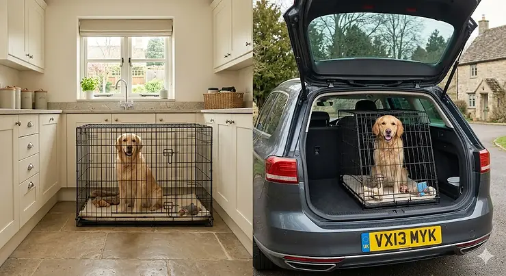 A split-screen comparison showing a standard rectangular dog crate in a cream-coloured British kitchen and a sloping dog crate fitted into the boot of a grey estate car. sloping vs standard dog crate