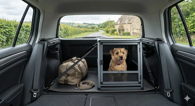 A photorealistic hero image of a secure aluminium dog crate in the boot of a British car, featuring a Terrier-cross looking out over a rural UK landscape. small dog crate for car travel