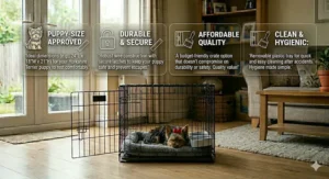 A compact 24-inch dog crate tucked neatly into a British living room corner, ideal for small Yorkshire Terrier puppies.
