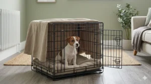 A small wire dog crate with a soft fleece bed and a blanket draped over the top, placed in a contemporary UK living room.