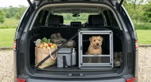 A photorealistic shot of a small dog travel crate positioned in a car boot next to Waitrose shopping bags, demonstrating practical space management for UK drivers.