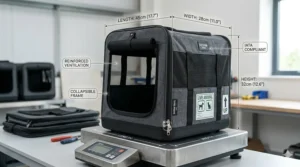 A diagram showing the height and width measurements of a small dog travel crate to ensure it meets UK airline cabin size requirements.