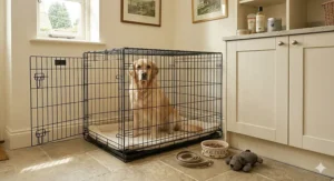 A standard rectangular black wire dog crate with an open door placed on a stone floor in a modern British utility room.