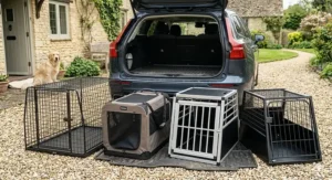 A variety of dog travel solutions including a sloped metal crate, a soft-sided carrier, and a heavy-duty aluminium car cage.