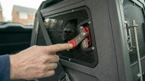 Alt text for image 9: Safety badge icon for a dog crate with emergency escape hatch meeting UK animal transport guidelines.