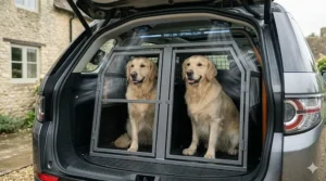 Detail shot showing the active ventilation system and optimal airflow inside a twin dog car carrier for pet comfort.
