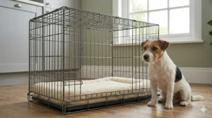 A Jack Russell Terrier sitting next to an open crate with high-quality British vet bedding fitted perfectly inside.