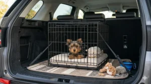 A stylish wooden furniture-style crate that doubles as an end table, perfect for a Yorkshire Terrier puppy in a modern home.