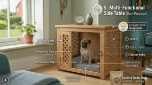 An illustration of a dual-use wooden dog crate that functions as a side table, featuring venting panels and a secure lattice door.