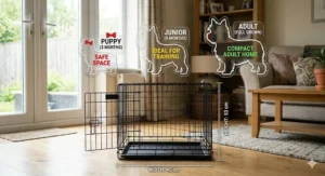 A size guide diagram showing the ideal dimensions of a small dog crate for a Yorkshire Terrier puppy to ensure comfort and safety.