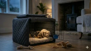 A secure metal dog crate for a Yorkshire Terrier puppy positioned safely in the boot of a car for travel.