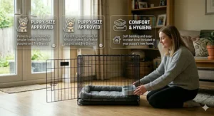 A Yorkshire Terrier puppy sleeping in a crate fitted with a plush vet bed, showing how to furnish a budget crate.