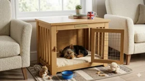 A wire dog crate featuring a divider panel used to adjust the internal space for a growing Yorkshire Terrier puppy.