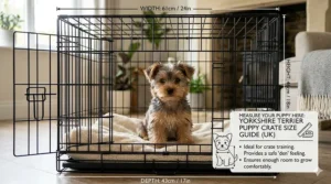 A photorealistic size guide for a Yorkshire Terrier puppy crate, showing dimensions in centimetres for a comfortable fit.