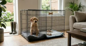 A medium-sized dog crate with a divider being adjusted to provide more space as a puppy grows.