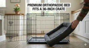 A 36-inch dog crate containing a Border Collie, fitted securely into the boot of a standard UK estate car for safe travel.