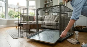 Illustration demonstrating how the slide-out galvanised metal base tray removes from the bottom of an XXL heavy duty crate for easy cleaning.