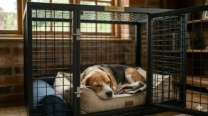 An open beagle proof dog crate featuring a plush, washable orthopaedic bed suitable for the UK climate.