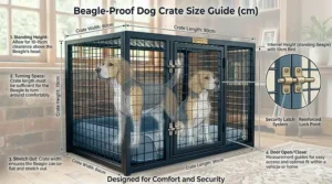 A size chart in centimetres showing the ideal height and length of a beagle proof dog crate for an adult dog to turn around in.
