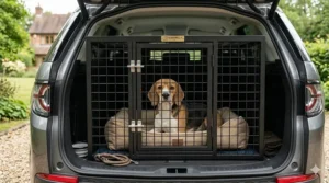 A secure dog crate fitted into the boot of a British SUV, showing a safe way to transport a beagle on a trip.