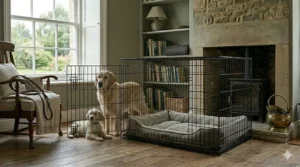 A plush orthopaedic dog bed neatly positioned inside a 42-inch double-door wire crate with a Golden Retriever and puppy sitting nearby.