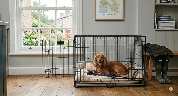 Alt text for image 1: A golden Cocker Spaniel sitting comfortably inside a premium metal dog crate with a soft fleece bed in a British living room. crate for cocker spaniel