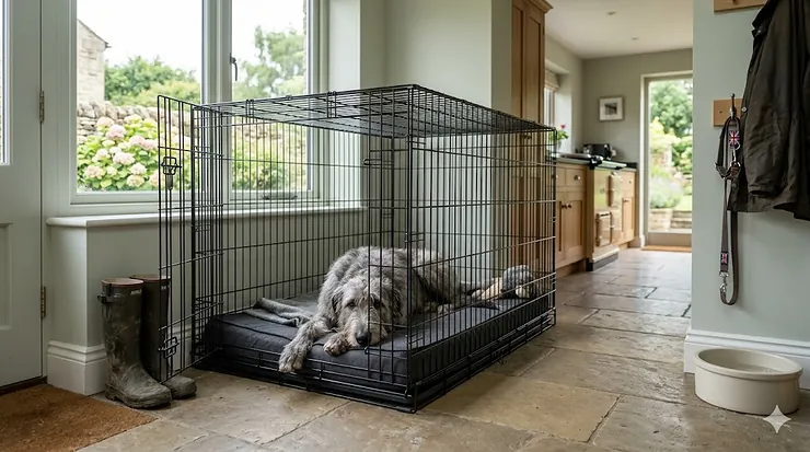 An adult Irish Wolfhound lying down comfortably on a dark grey cushion inside an extra-large wire dog crate, placed next to a window in a traditional British stone-floored boot room. irish wolfhound crate size