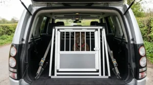 Diagram of a UK lounge showing a dog crate placed in a quiet, draught-free corner away from direct radiator heat.
