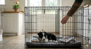 A photorealistic 4K image of a black and white Border Collie relaxing inside a 36-inch crate within a modern British kitchen-utility room.